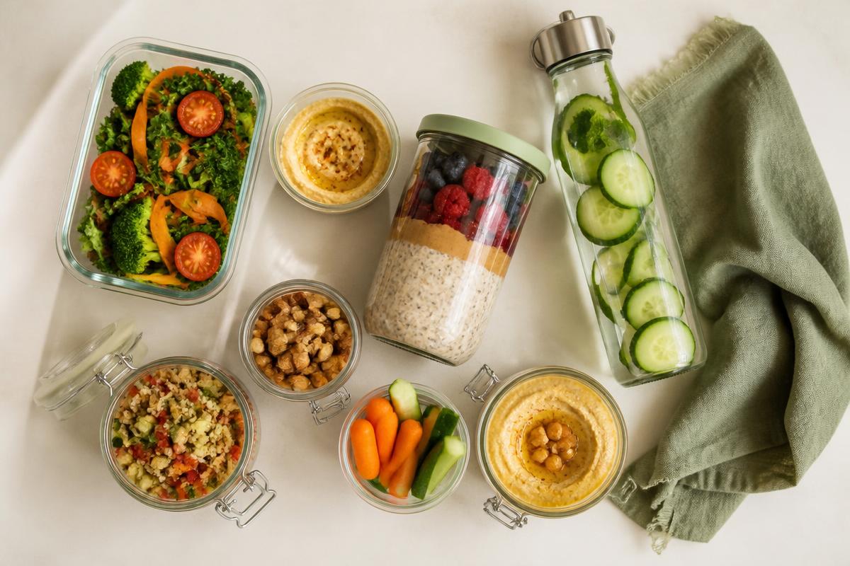 Portable vegan meals in glass jars and containers