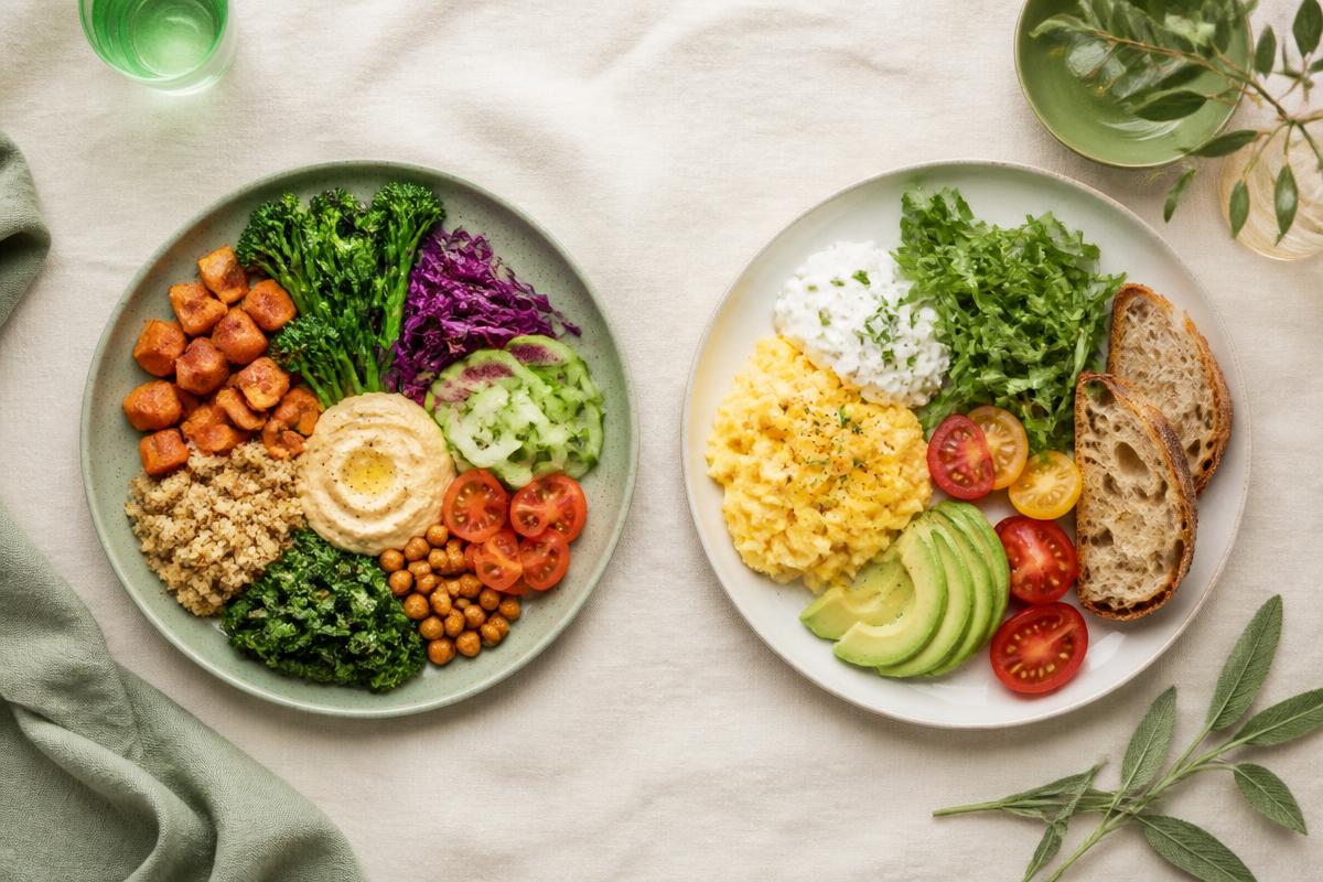 Side-by-side vegan and vegetarian plates on a cream tablecloth